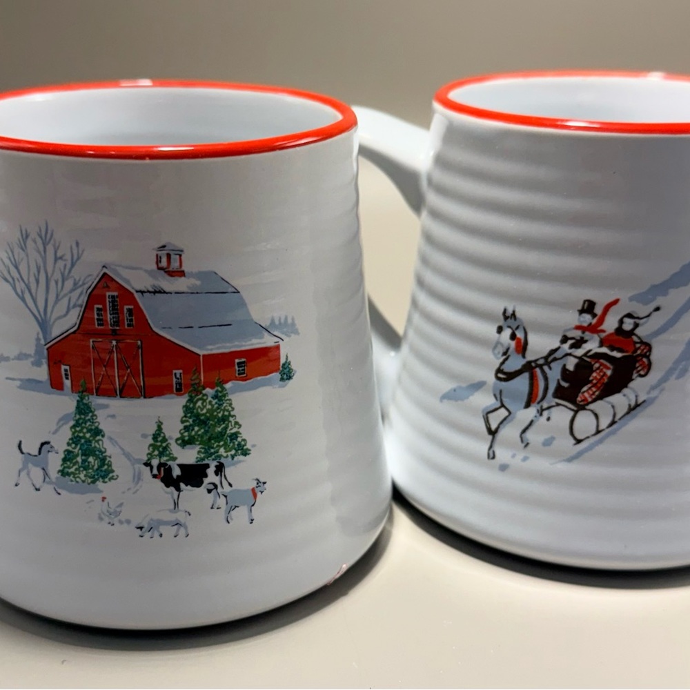 Red Barn Farmhouse-style Ceramic Mug Set - Red and White